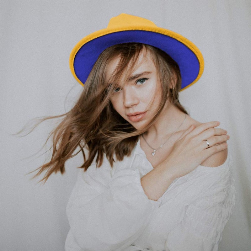 Gossifan Womens Wide Brim Panama Hat Patchwork Colors Classic Buckle Fedora Yellow/Royal Blue - Image 3